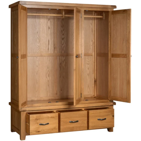 Cottage Oak Triple Wardrobe With 3 Drawers - Image 2