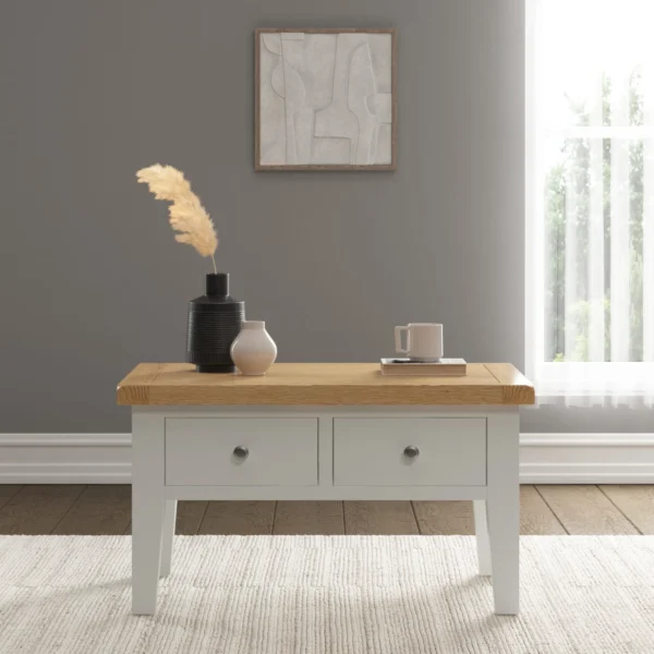 Windsor 2 Drawer Coffee Table (Ivory/Oak) - Image 6