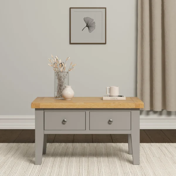 Windsor 2 Drawer Coffee Table (Pebble Grey/Oak) - Image 2